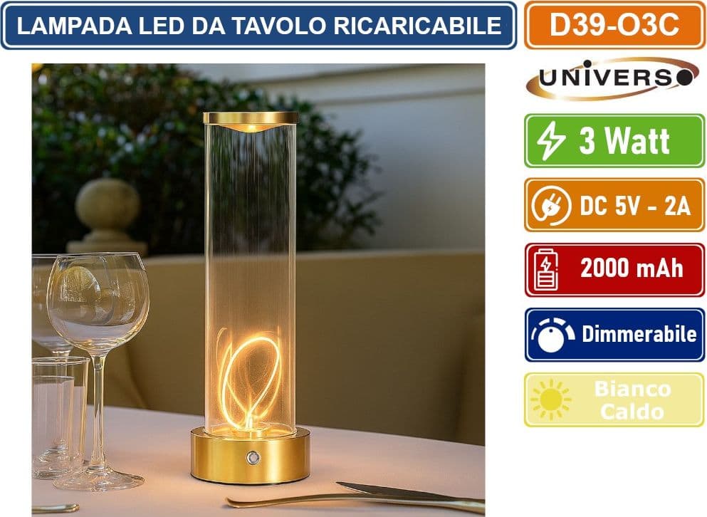 UNIVERSO D39-O3C LAMPADA DA TAVOLO LED RICARICABILE 3W CON FILO LUMINOSO MAGNETICO TOUCH – LUCE CALDA 2200K DECORATIVA PER BAR RISTORANTI - 5