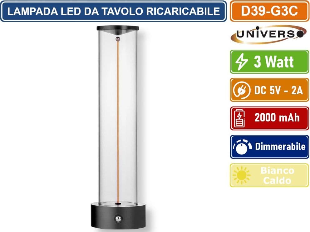 UNIVERSO D39-G3C LAMPADA DA TAVOLO LED RICARICABILE 3W CON FILO LUMINOSO MAGNETICO TOUCH – LUCE CALDA 2200K DECORATIVA PER BAR RISTORANTI - 2