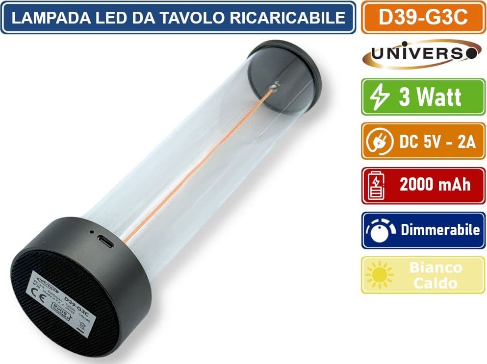 UNIVERSO D39-G3C LAMPADA DA TAVOLO LED RICARICABILE 3W CON FILO LUMINOSO MAGNETICO TOUCH – LUCE CALDA 2200K DECORATIVA PER BAR RISTORANTI - 3