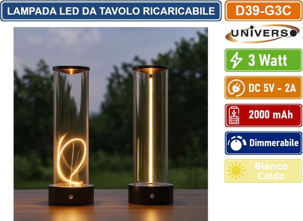UNIVERSO D39-G3C LAMPADA DA TAVOLO LED RICARICABILE 3W CON FILO LUMINOSO MAGNETICO TOUCH – LUCE CALDA 2200K DECORATIVA PER BAR RISTORANTI - 4