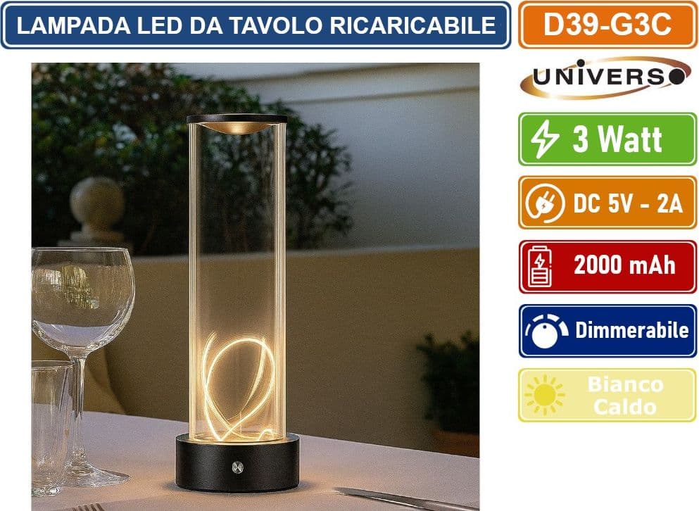 UNIVERSO D39-G3C LAMPADA DA TAVOLO LED RICARICABILE 3W CON FILO LUMINOSO MAGNETICO TOUCH – LUCE CALDA 2200K DECORATIVA PER BAR RISTORANTI - 5