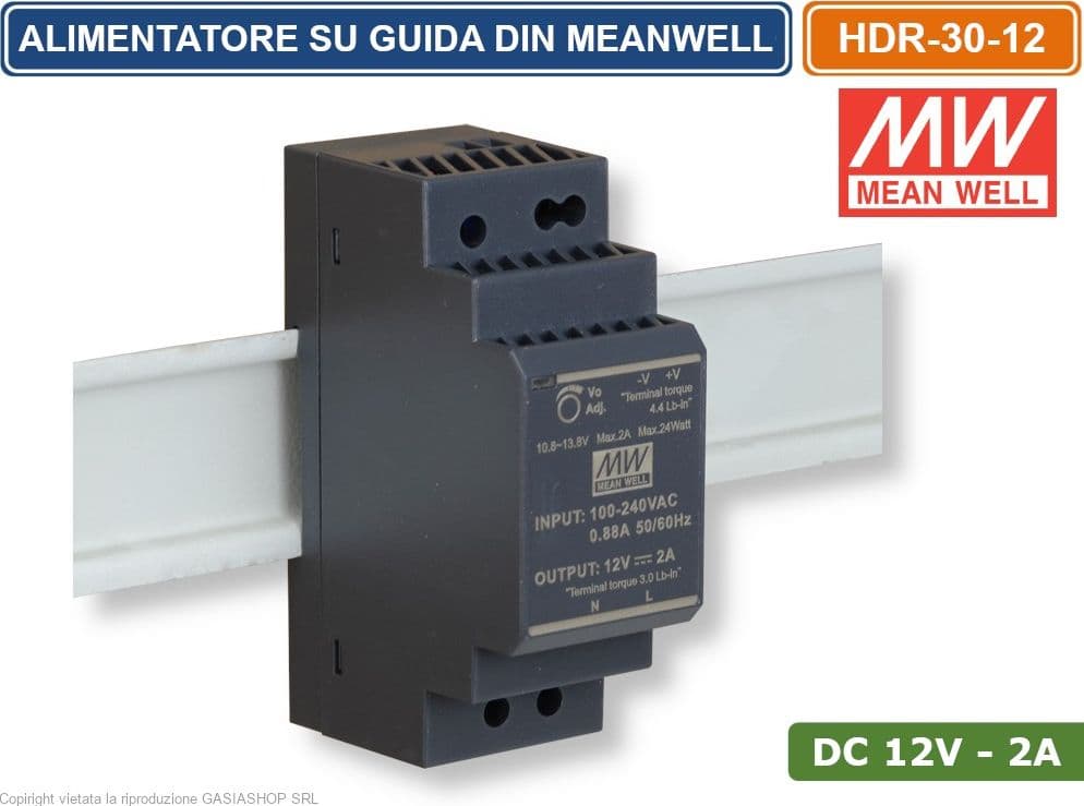 MEANWELL HDR-30-12 ALIMENTATORE ULTRA SOTTILE MONTAGGIO SU GUIDA DIN RAIL USCITA SINGOLA 24W DC12V 2A