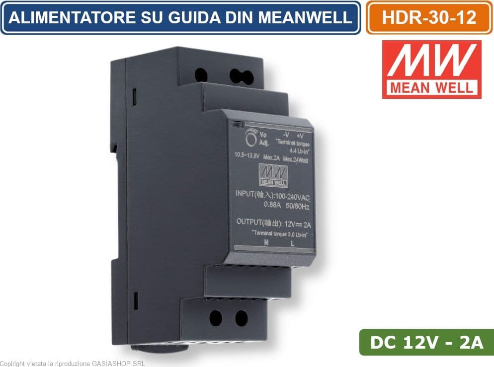 MEANWELL HDR-30-12 ALIMENTATORE ULTRA SOTTILE MONTAGGIO SU GUIDA DIN RAIL USCITA SINGOLA 24W DC12V 2A - 2