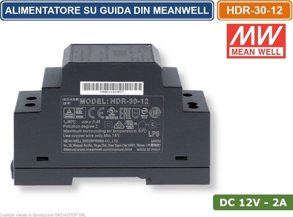 MEANWELL HDR-30-12 ALIMENTATORE ULTRA SOTTILE MONTAGGIO SU GUIDA DIN RAIL USCITA SINGOLA 24W DC12V 2A - 3