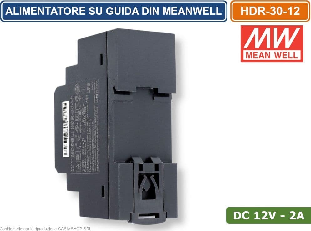 MEANWELL HDR-30-12 ALIMENTATORE ULTRA SOTTILE MONTAGGIO SU GUIDA DIN RAIL USCITA SINGOLA 24W DC12V 2A - 4