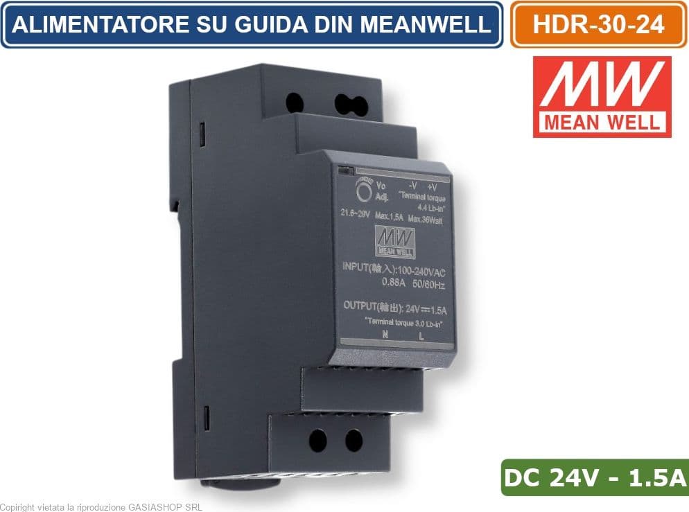 MEANWELL HDR-30-24 ALIMENTATORE ULTRA SOTTILE MONTAGGIO SU GUIDA DIN RAIL USCITA SINGOLA 36W DC24V 1.5A - 2