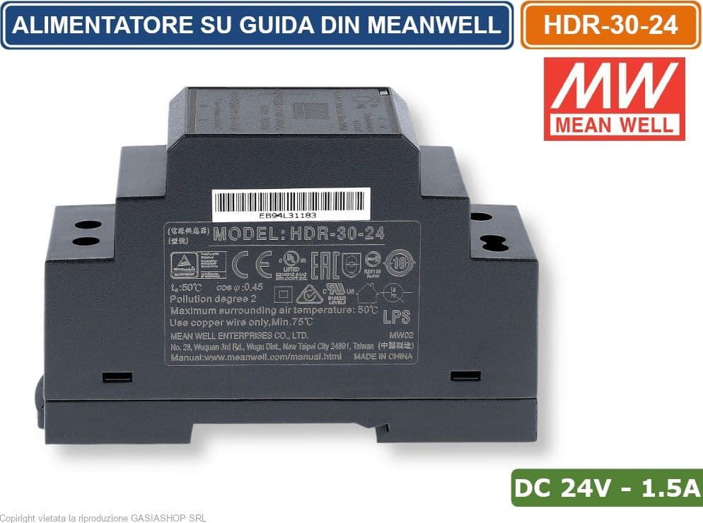 MEANWELL HDR-30-24 ALIMENTATORE ULTRA SOTTILE MONTAGGIO SU GUIDA DIN RAIL USCITA SINGOLA 36W DC24V 1.5A - 4