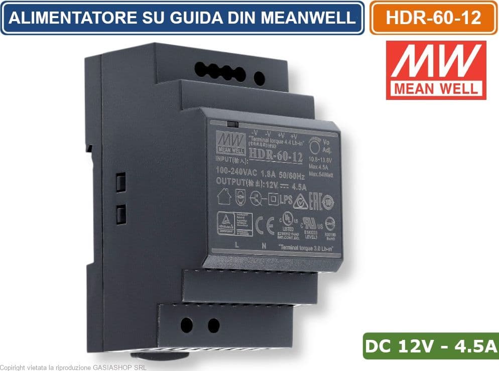 MEANWELL HDR-60-12 ALIMENTATORE ULTRA SOTTILE MONTAGGIO SU GUIDA DIN RAIL USCITA SINGOLA 54W DC12V 4.5A - 2