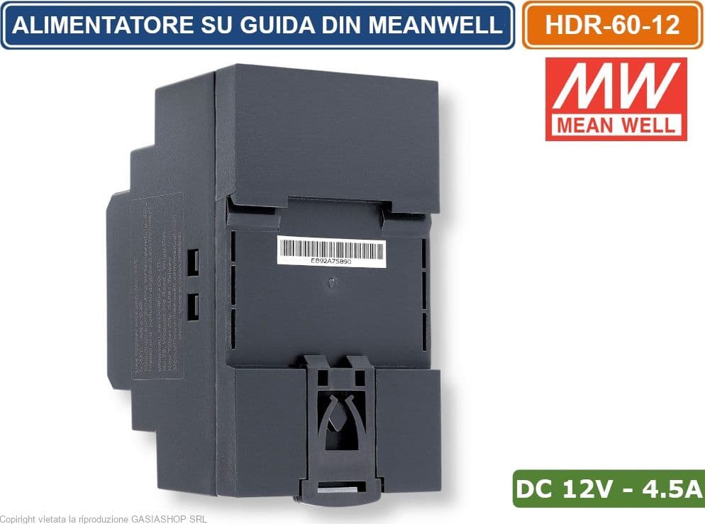 MEANWELL HDR-60-12 ALIMENTATORE ULTRA SOTTILE MONTAGGIO SU GUIDA DIN RAIL USCITA SINGOLA 54W DC12V 4.5A - 3