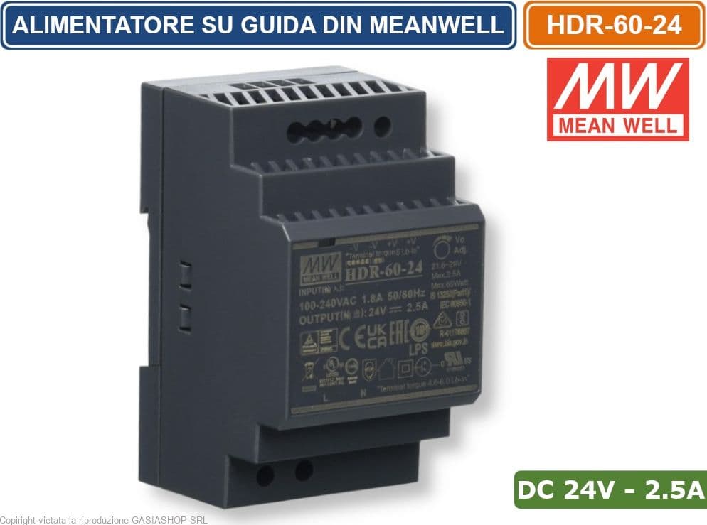 MEANWELL HDR-60-24 ALIMENTATORE ULTRA SOTTILE MONTAGGIO SU GUIDA DIN RAIL USCITA SINGOLA 60W DC24V 2.5A - 2