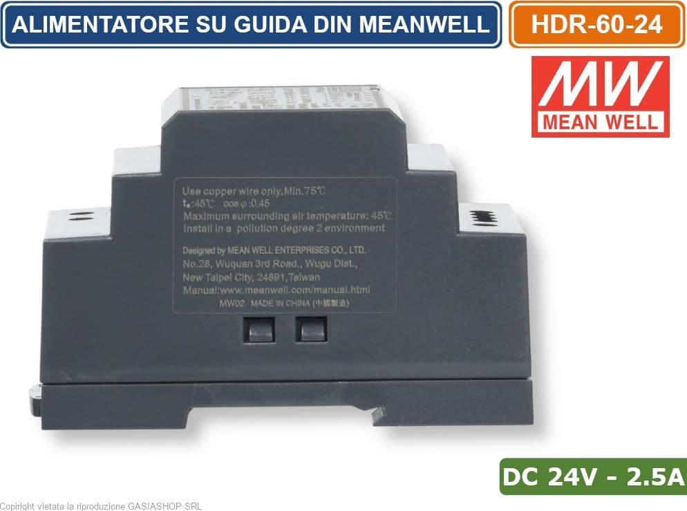 MEANWELL HDR-60-24 ALIMENTATORE ULTRA SOTTILE MONTAGGIO SU GUIDA DIN RAIL USCITA SINGOLA 60W DC24V 2.5A - 3