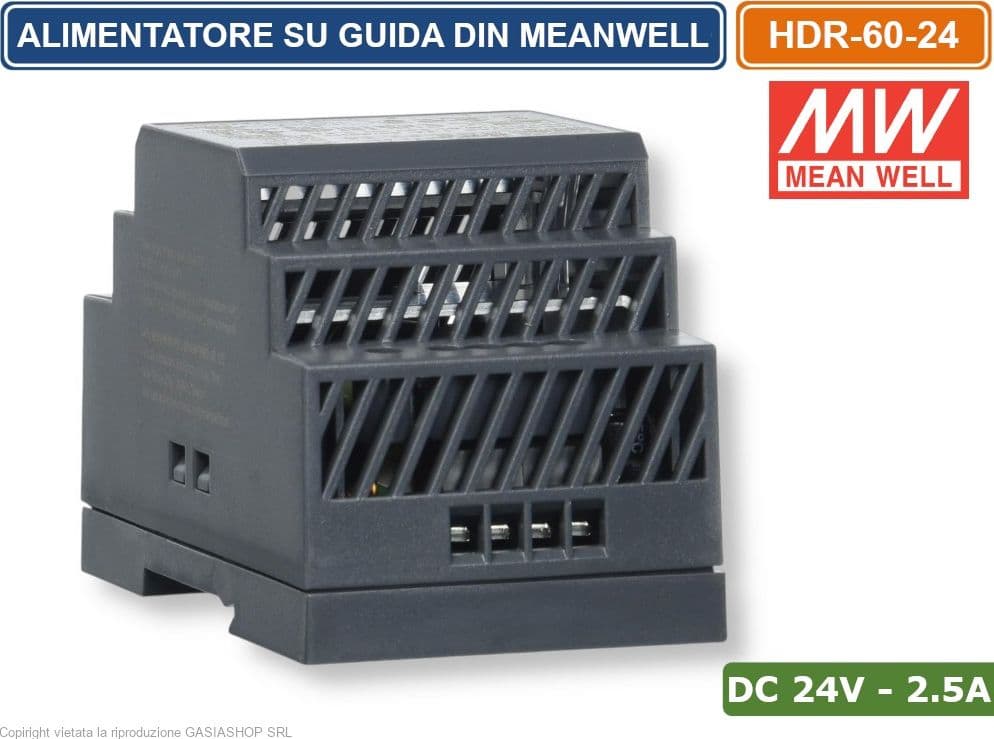 MEANWELL HDR-60-24 ALIMENTATORE ULTRA SOTTILE MONTAGGIO SU GUIDA DIN RAIL USCITA SINGOLA 60W DC24V 2.5A - 4