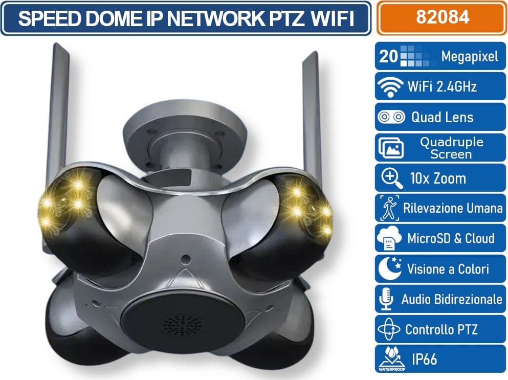 TELECAMERA WIFI DA ESTERNO 10K 20MP CON 4 OBIETTIVI – VISIONE A 4 SCHERMI, PTZ, AUDIO BIDIREZIONALE - 2