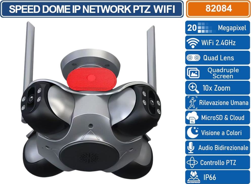 TELECAMERA WIFI DA ESTERNO 10K 20MP CON 4 OBIETTIVI – VISIONE A 4 SCHERMI, PTZ, AUDIO BIDIREZIONALE - 3