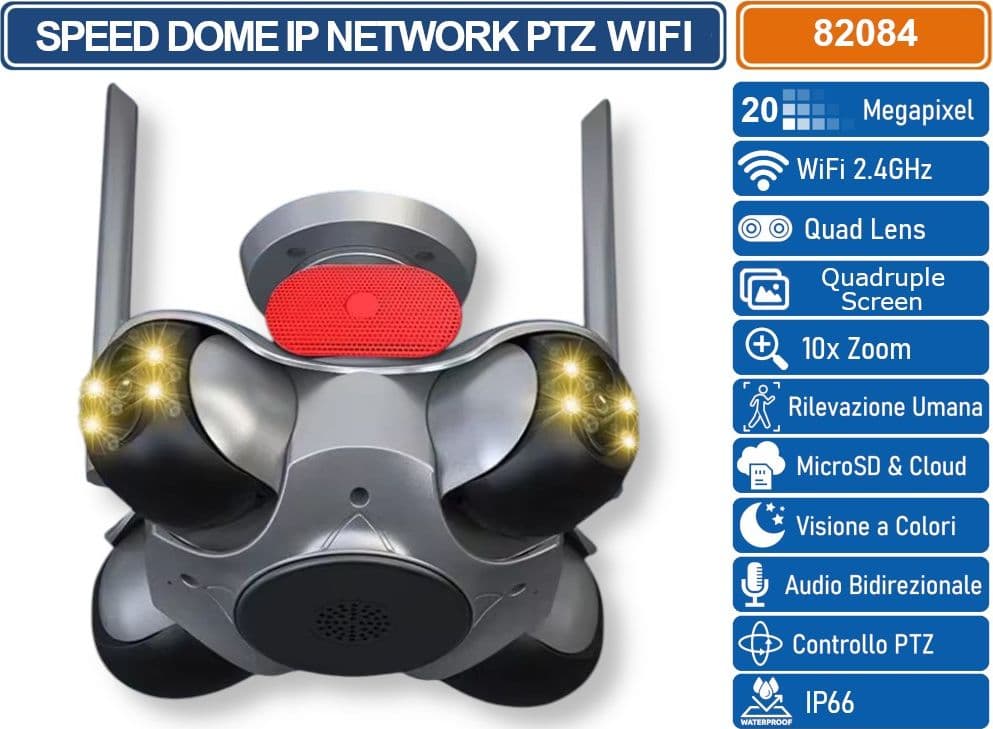 TELECAMERA WIFI DA ESTERNO 10K 20MP CON 4 OBIETTIVI – VISIONE A 4 SCHERMI, PTZ, AUDIO BIDIREZIONALE - 4