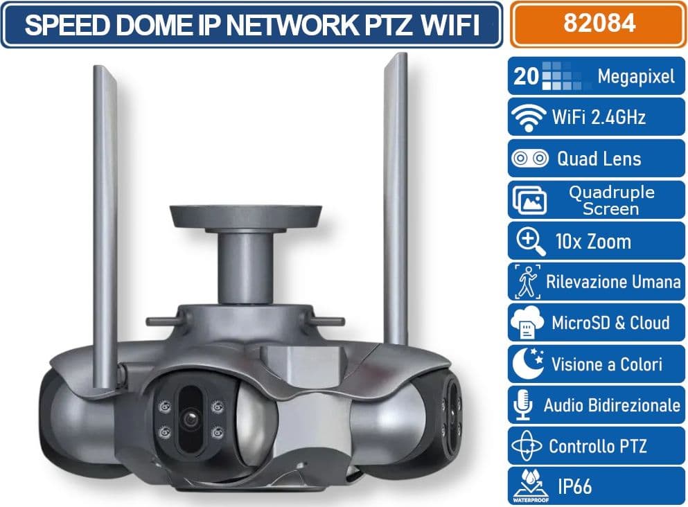 TELECAMERA WIFI DA ESTERNO 10K 20MP CON 4 OBIETTIVI – VISIONE A 4 SCHERMI, PTZ, AUDIO BIDIREZIONALE - 5
