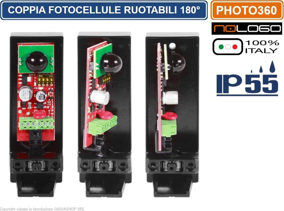 NOLOGO PHOTO360 COPPIA FOTOCELLULE INFRAROSSO PER CANCELLI E PORTE AUTOMATICA ORIENTABILI 180° IP55 DC 12/24V - 3