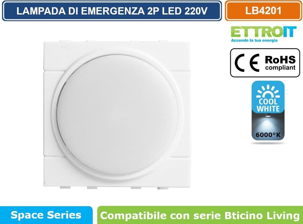 ETTROIT LAMPADA DI EMERGENZA DA INCASSO LED 2 MODULI 220V 6000K CON BATTERIA E TASTO ON/OFF COMPATIBILE BTICINO LIVING – SKU LB4201 - 2