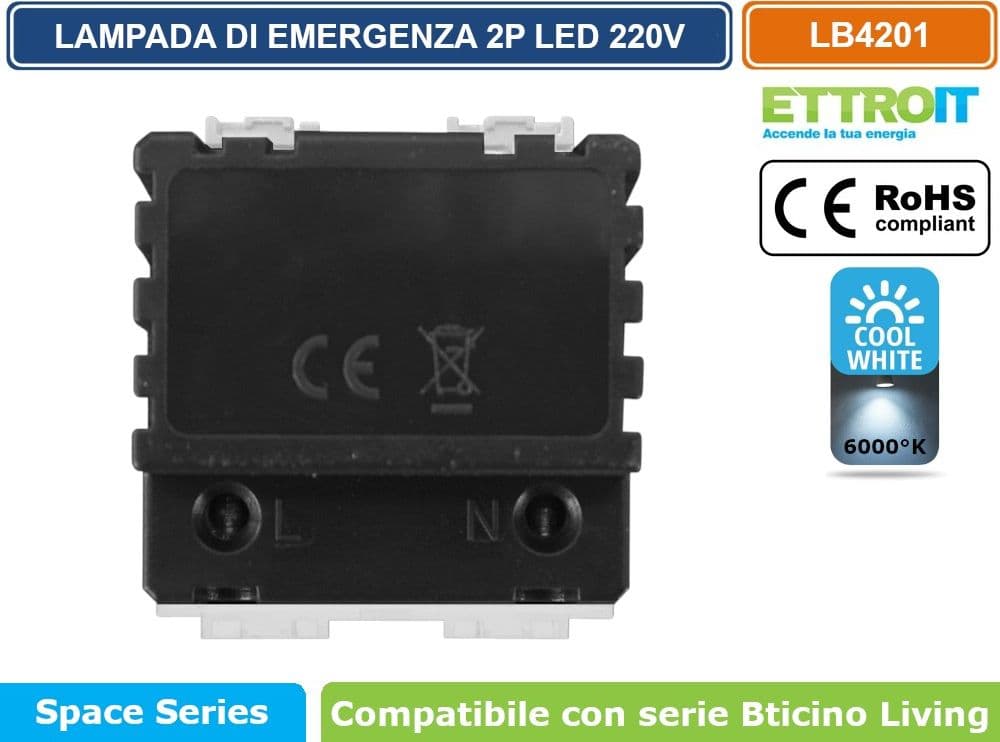 ETTROIT LAMPADA DI EMERGENZA DA INCASSO LED 2 MODULI 220V 6000K CON BATTERIA E TASTO ON/OFF COMPATIBILE BTICINO LIVING – SKU LB4201 - 3