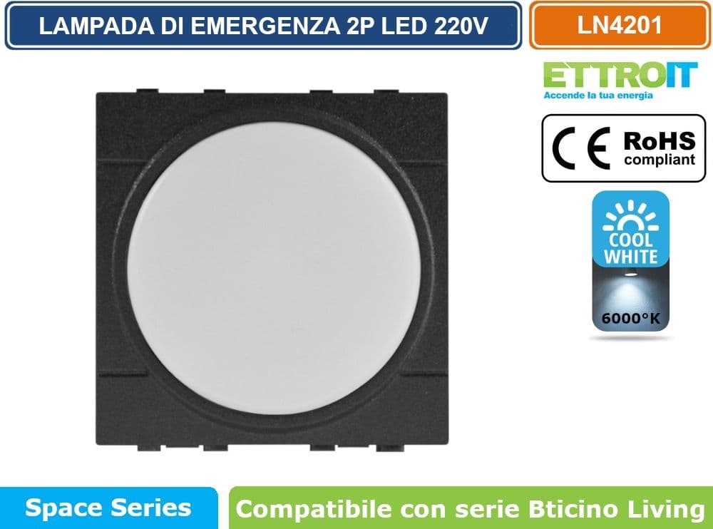 ETTROIT LAMPADA DI EMERGENZA DA INCASSO LED 2 MODULI 220V 6000K CON BATTERIA E TASTO ON/OFF COMPATIBILE BTICINO LIVING – SKU LN4201 - 2