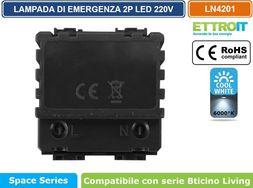 ETTROIT LAMPADA DI EMERGENZA DA INCASSO LED 2 MODULI 220V 6000K CON BATTERIA E TASTO ON/OFF COMPATIBILE BTICINO LIVING – SKU LN4201 - 3