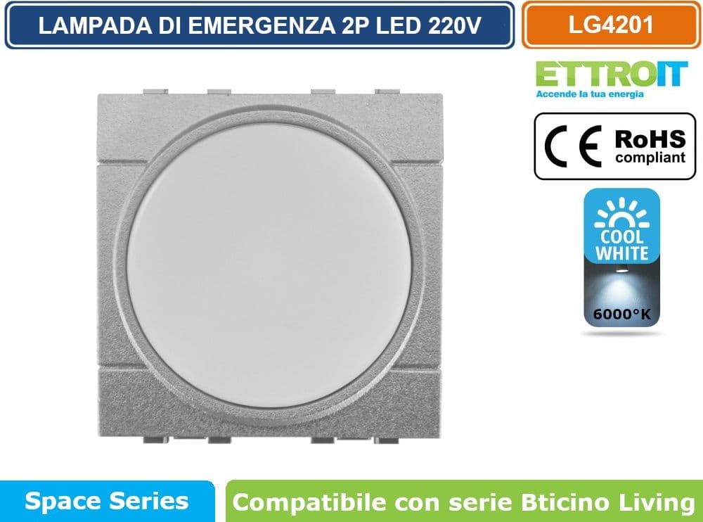 ETTROIT LAMPADA DI EMERGENZA DA INCASSO LED 2 MODULI 220V 6000K CON BATTERIA E TASTO ON/OFF COMPATIBILE BTICINO LIVING – SKU LG4201 - 2