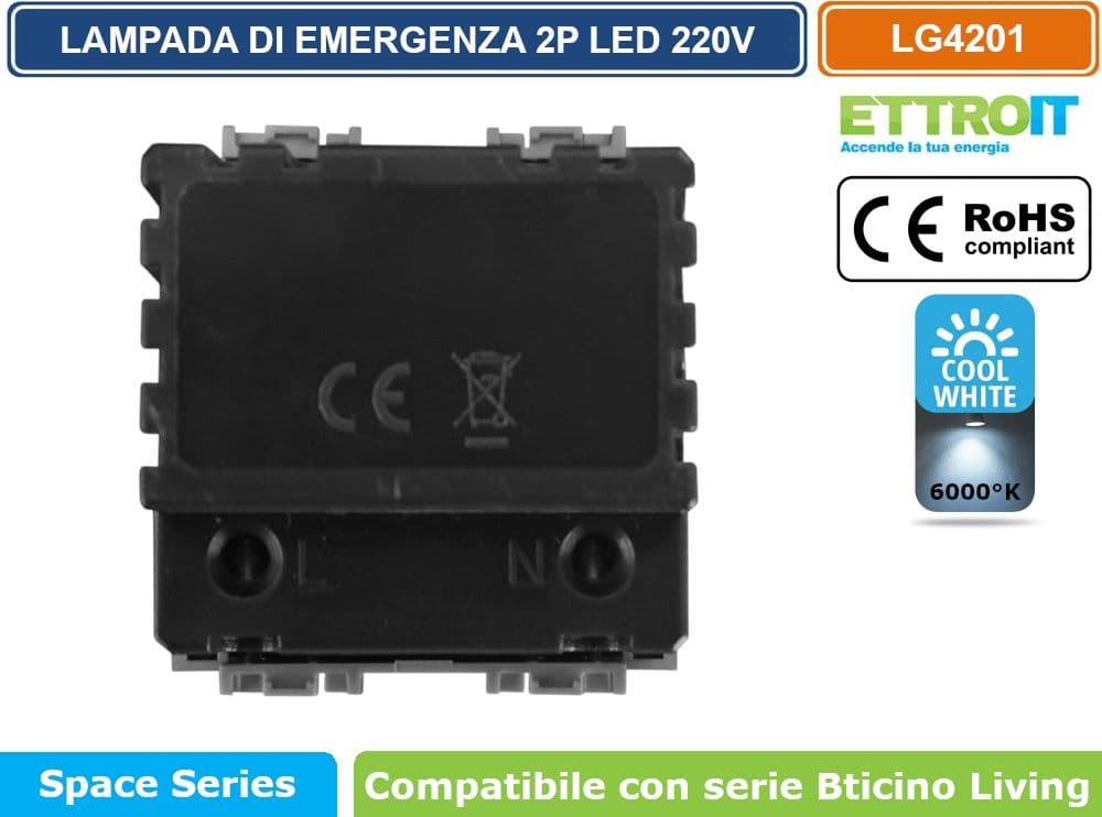ETTROIT LAMPADA DI EMERGENZA DA INCASSO LED 2 MODULI 220V 6000K CON BATTERIA E TASTO ON/OFF COMPATIBILE BTICINO LIVING – SKU LG4201 - 3