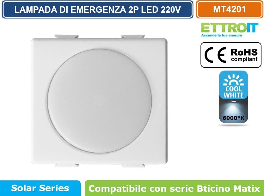 ETTROIT LAMPADA DI EMERGENZA DA INCASSO LED 2 MODULI 220V 6000K CON BATTERIA E TASTO ON/OFF COMPATIBILE BTICINO MATIX – SKU MT4201 - 2