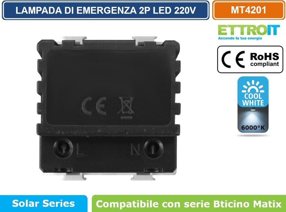 ETTROIT LAMPADA DI EMERGENZA DA INCASSO LED 2 MODULI 220V 6000K CON BATTERIA E TASTO ON/OFF COMPATIBILE BTICINO MATIX – SKU MT4201 - 3