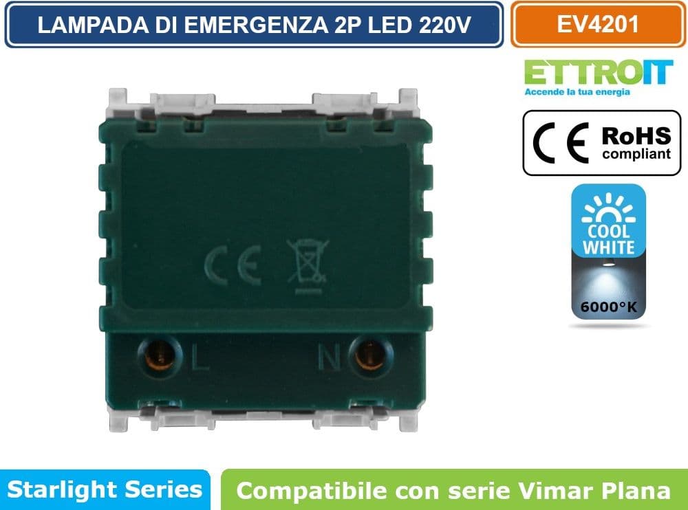 ETTROIT LAMPADA DI EMERGENZA DA INCASSO LED 2 MODULI 220V 6000K CON BATTERIA E TASTO ON/OFF COMPATIBILE CON SERIE VIMAR PLANA – SKU EV4201 - 3