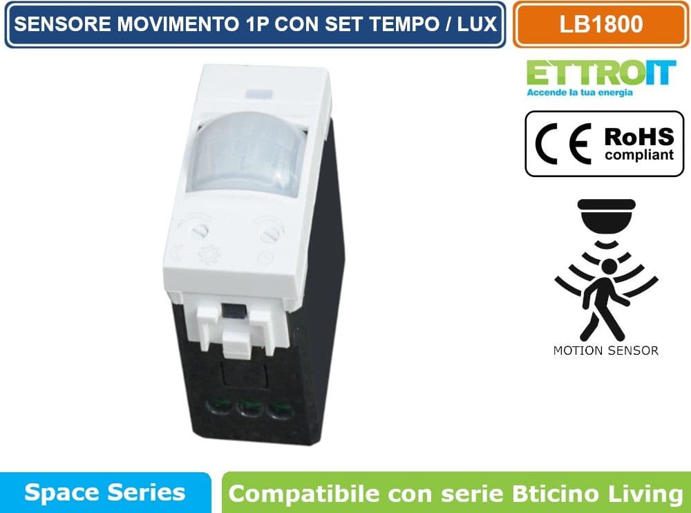 ETTROIT SENSORE DI MOVIMENTO 1 MODULO BIANCO CON REGOLAZIONE TEMPO/LUX COMPATIBILE CON SERIE BTICINO LIVING – SKU LB1800 - 2