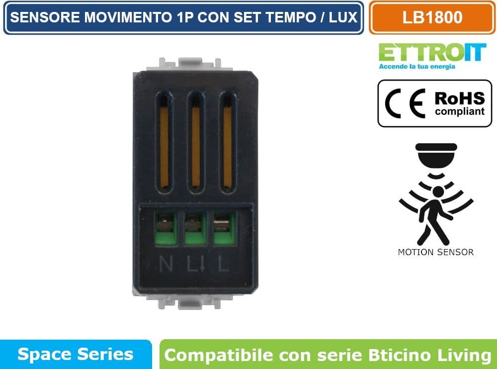 ETTROIT SENSORE DI MOVIMENTO 1 MODULO BIANCO CON REGOLAZIONE TEMPO/LUX COMPATIBILE CON SERIE BTICINO LIVING – SKU LB1800 - 3