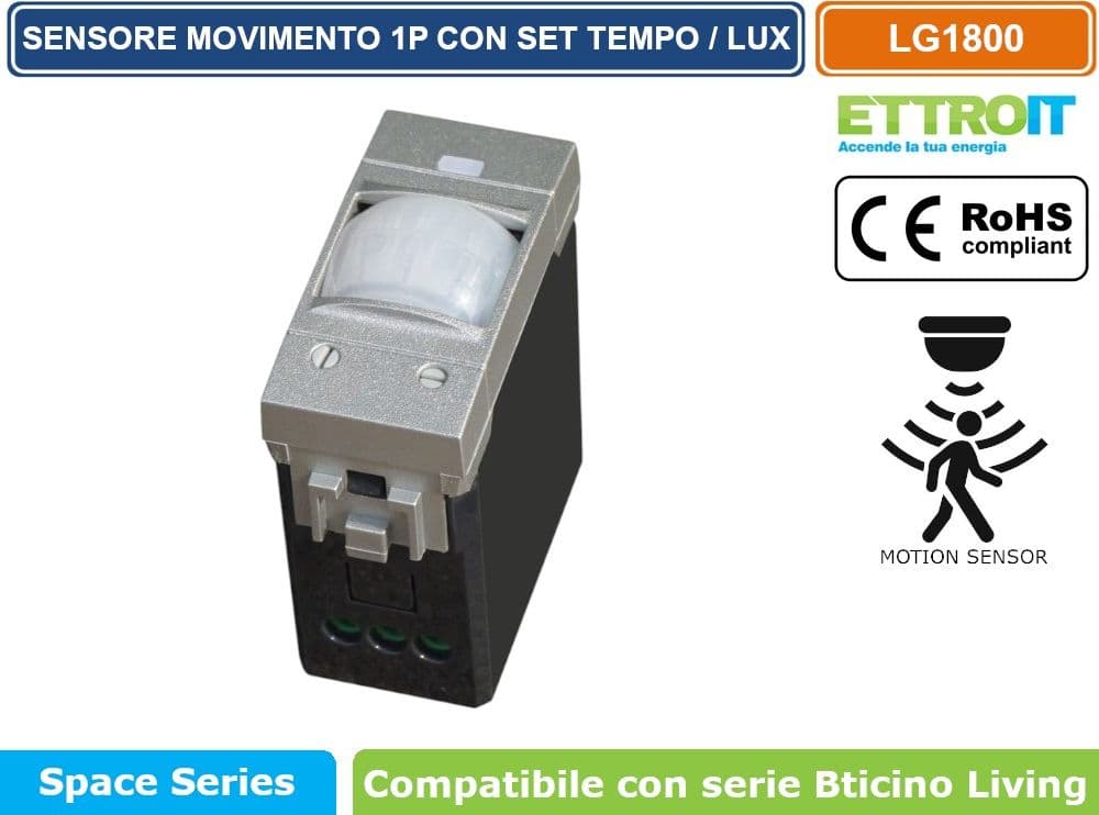 ETTROIT SENSORE DI MOVIMENTO 1 MODULO SILVER CON REGOLAZIONE TEMPO/LUX COMPATIBILE CON SERIE BTICINO LIVING – SKU LG1800 - 2