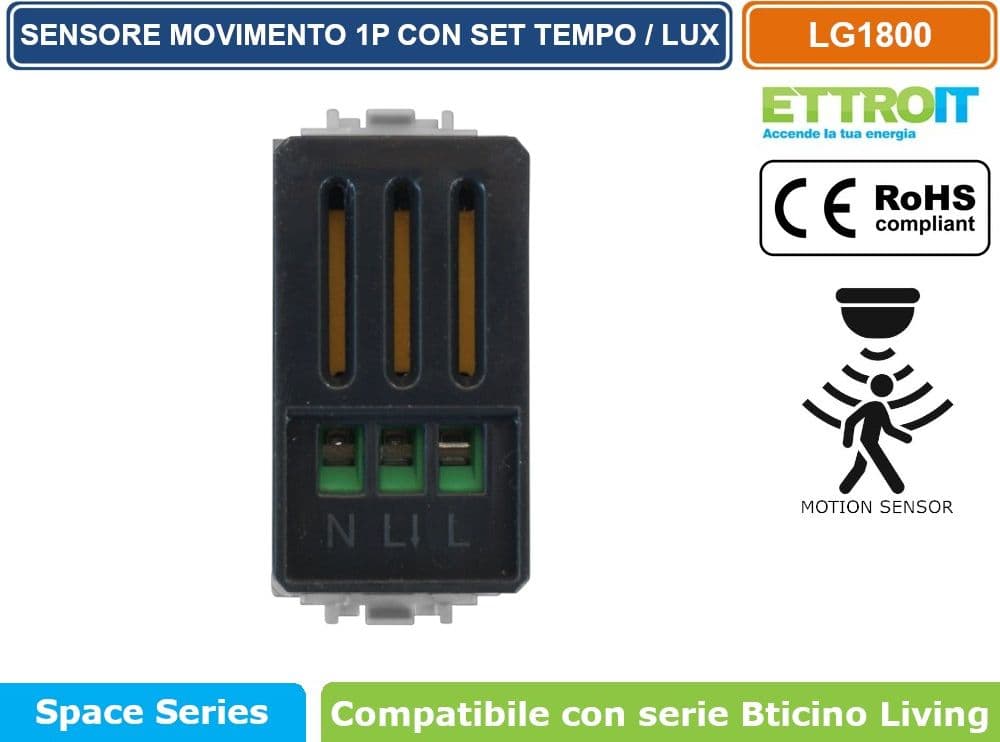 ETTROIT SENSORE DI MOVIMENTO 1 MODULO SILVER CON REGOLAZIONE TEMPO/LUX COMPATIBILE CON SERIE BTICINO LIVING – SKU LG1800 - 3