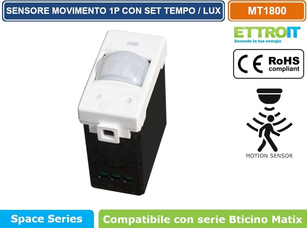 ETTROIT SENSORE DI MOVIMENTO 1 MODULO BIANCO CON REGOLAZIONE TEMPO/LUX COMPATIBILE CON SERIE BTICINO MATIX – SKU MT1800 - 2