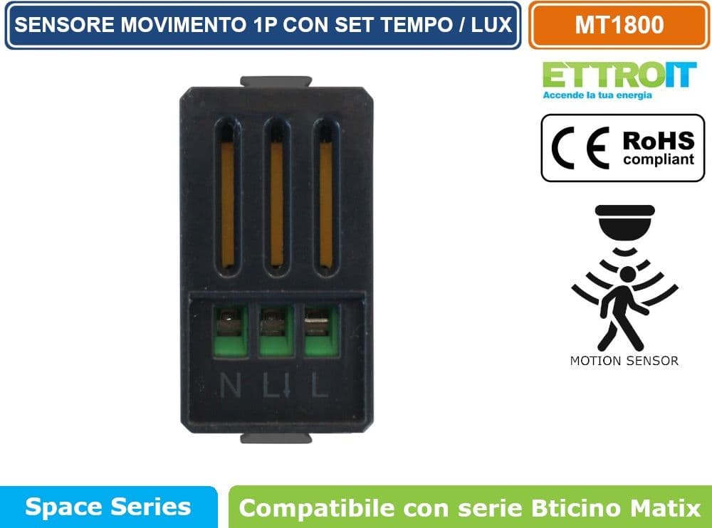 ETTROIT SENSORE DI MOVIMENTO 1 MODULO BIANCO CON REGOLAZIONE TEMPO/LUX COMPATIBILE CON SERIE BTICINO MATIX – SKU MT1800 - 3