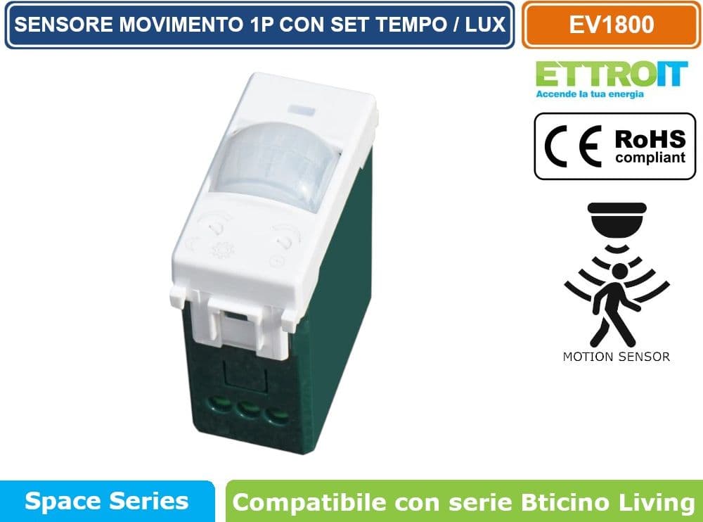 ETTROIT SENSORE DI MOVIMENTO 1 MODULO BIANCO CON REGOLAZIONE TEMPO/LUX COMPATIBILE CON SERIE VIMAR PLANA – SKU EV1800 - 2