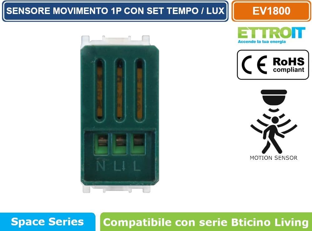 ETTROIT SENSORE DI MOVIMENTO 1 MODULO BIANCO CON REGOLAZIONE TEMPO/LUX COMPATIBILE CON SERIE VIMAR PLANA – SKU EV1800 - 3