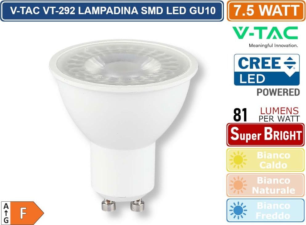 CONFEZIONE 20 PEZZI V-TAC VT-292 LAMPADINA LED GU10 7,5W FARETTO PAR16 610 LUMEN SMD CHIP CREE - SKU 218726 / 218736 / 218746 - 2