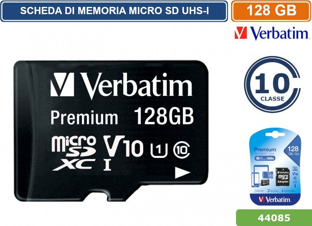 SCHEDA DI MEMORIA VERBATIM MEMORY CARD MICRO SD UHS-I CLASSE 10 80MB/s 128GB - 3