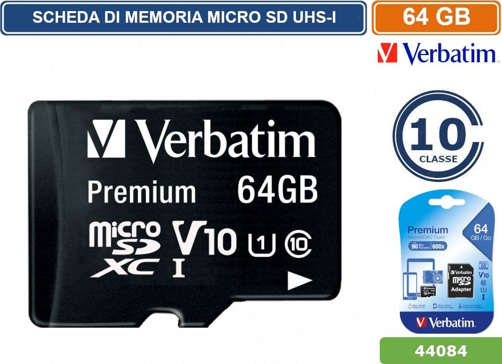SCHEDA DI MEMORIA VERBATIM MEMORY CARD MICRO SD UHS-I CLASSE 10 80MB/s 64GB - 3