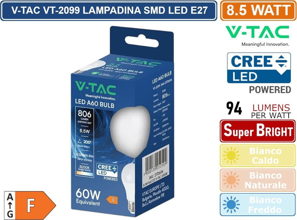 CONFEZIONE 15 PEZZI V-TAC VT-2099 LAMPADINA LED E27 8,5W A60 GOCCIA 806 LUMEN SMD CHIP CREE - SKU 2172606 / 2172616 / 2172626 - 3