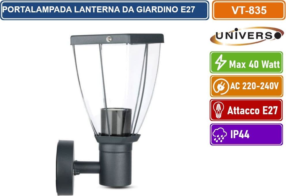 V-TAC VT-835 PORTALAMPADA DA GIARDINO WALL LIGHT DA MURO IP44 PER LAMPADINE E27 - SKU 8628 - 4