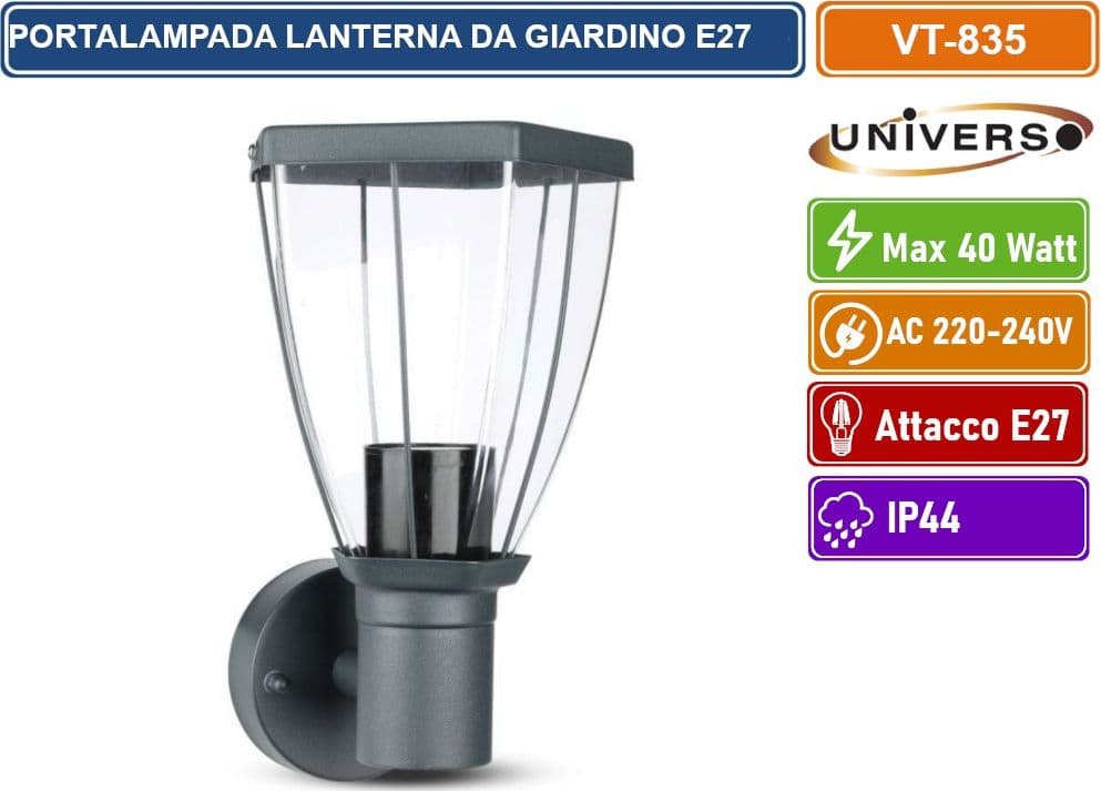 V-TAC VT-835 PORTALAMPADA DA GIARDINO WALL LIGHT DA MURO IP44 PER LAMPADINE E27 - SKU 8628 - 5