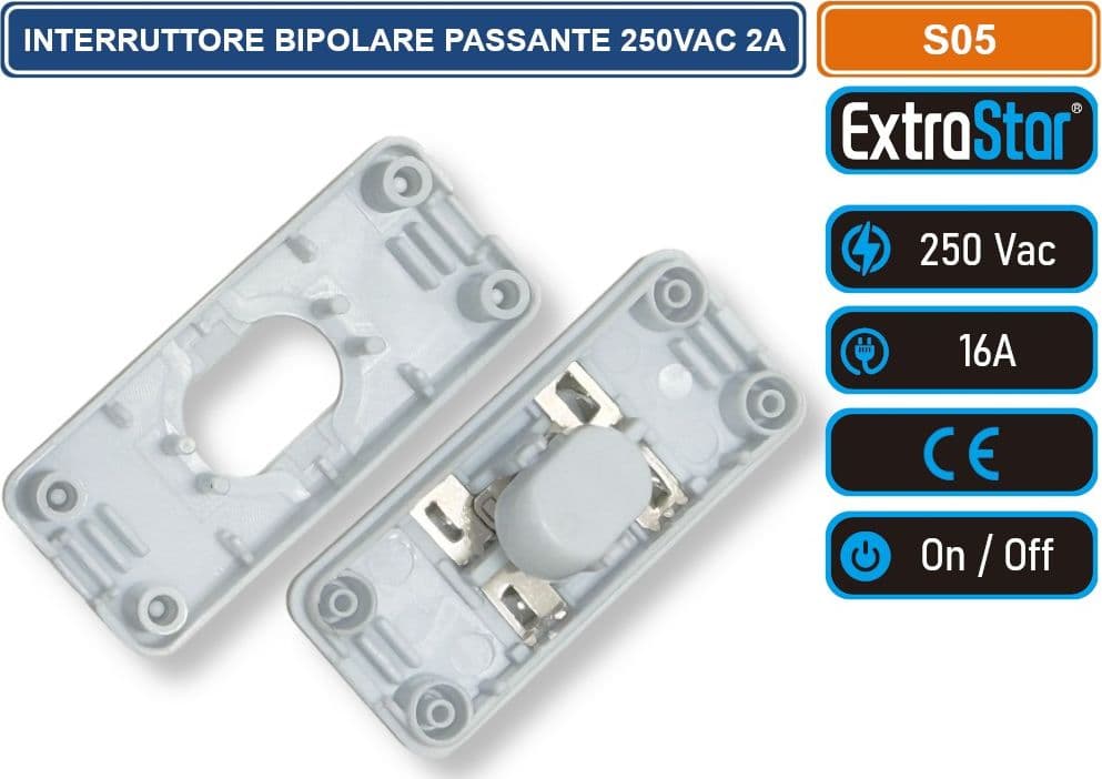 EXTRASTAR S05 INTERRUTTORE BIPOLARE PASSANTE PER LAMPADE 250VAC 2A COLORE BIANCO - 2