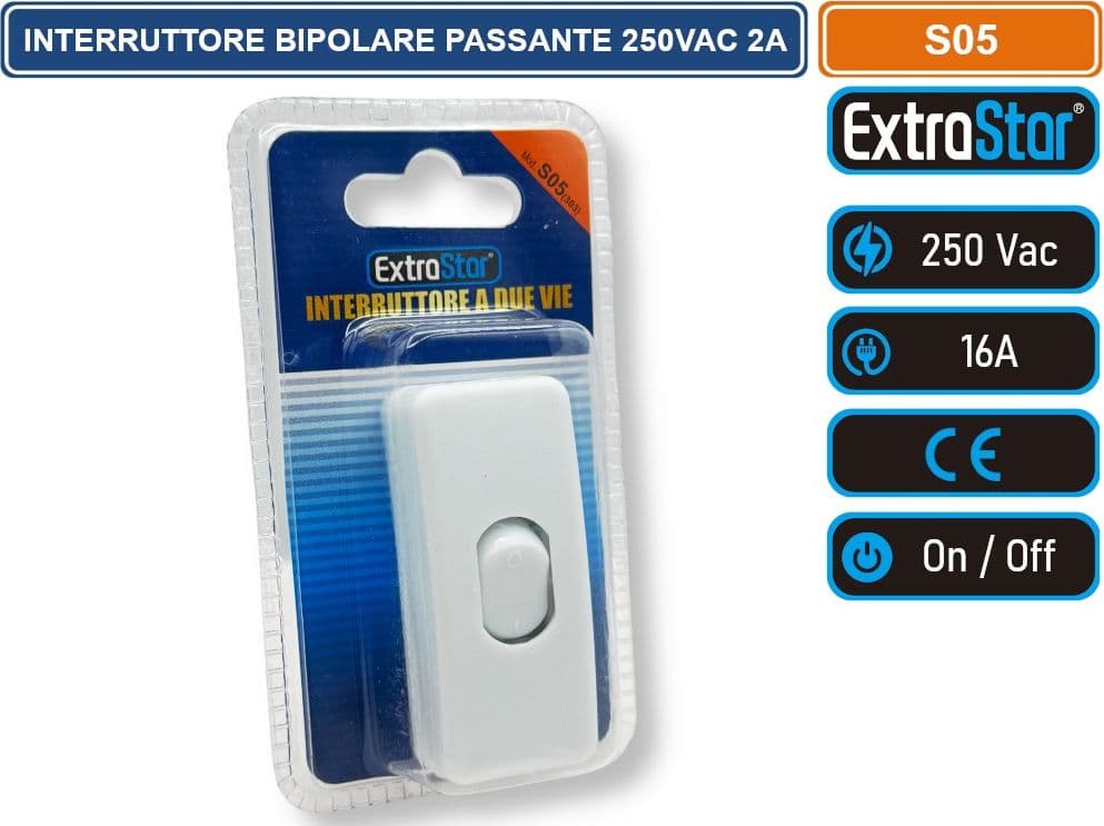 EXTRASTAR S05 INTERRUTTORE BIPOLARE PASSANTE PER LAMPADE 250VAC 2A COLORE BIANCO - 3