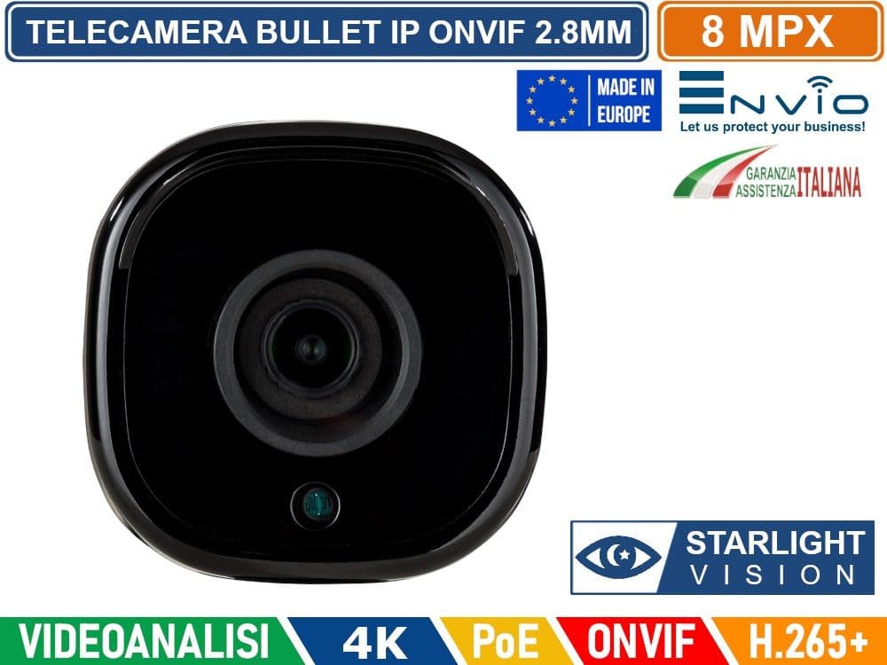 TELECAMERA BULLET NETWORK OTTCIA 2,8 MM 4K ULTRA HD 8MP STARLIGHT COLOR VISIONE NOTTURNA SENZA LED IP65 POE - 3