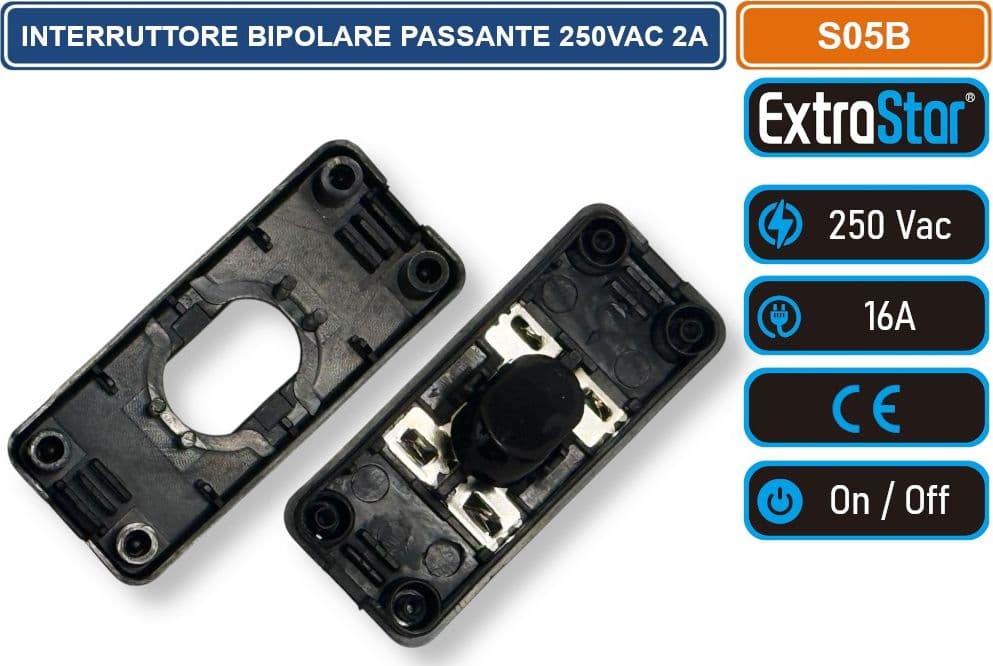 EXTRASTAR S05 INTERRUTTORE BIPOLARE PASSANTE PER LAMPADE 250VAC 2A COLORE NERO - 2