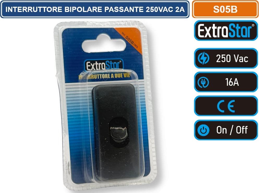 EXTRASTAR S05 INTERRUTTORE BIPOLARE PASSANTE PER LAMPADE 250VAC 2A COLORE NERO - 3