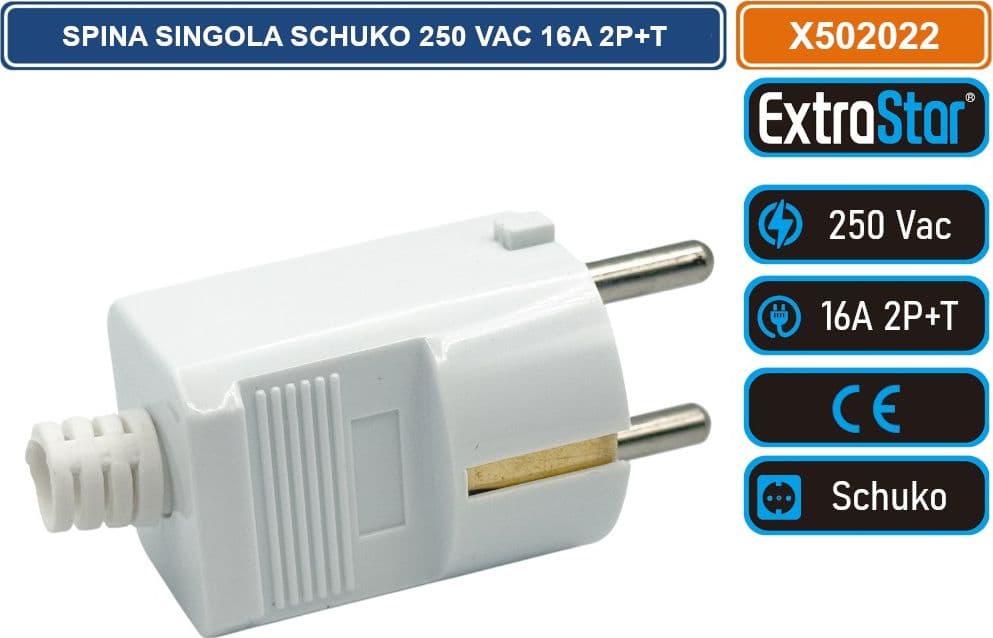 EXTRASTAR X502022 SPINA SINGOLA SCHUKO 16A 2P+T  250 VAC CON USCITA CAVO DRITTA COLORE BIANCO - 2